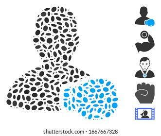 Dot Mosaic based on boxing sportsman. Mosaic vector boxing sportsman is designed with random elliptic elements. Bonus icons are added.