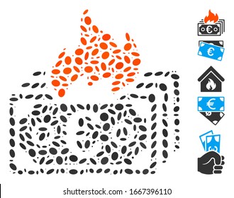 Dot Mosaic based on burn Euro banknotes. Mosaic vector burn Euro banknotes is formed with random ellipse spots. Bonus icons are added.