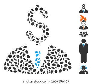 Dot Mosaic basado en un hombre de negocios. Empresario de vector mosaico se crea con manchas ovales dispersas. Se agregan iconos de bonificación.