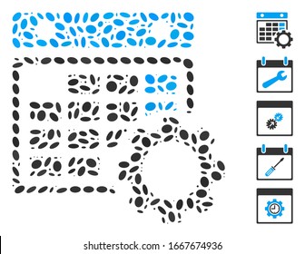 Dot Mosaic based on calendar configuration. Mosaic vector calendar configuration is designed with random elliptic items. Bonus icons are added.