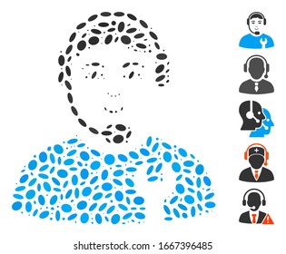 Dot Mosaic based on call center serviceman. Mosaic vector call center serviceman is composed with scattered elliptic elements. Bonus icons are added.