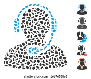 Dot Mosaic based on call center worker. Mosaic vector call center worker is formed with scattered elliptic elements. Bonus icons are added.