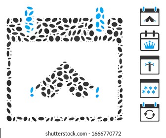 Dot Mosaic am Camping Kalendertag. Der Campingkalender der Vektorillustration Mosaik besteht aus zufälligen Ellipsenpunkten. Bonussymbole werden hinzugefügt.
