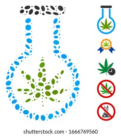 Mosaico de puntos basado en el matraz de cannabis. El matraz de cannabis vector mosaico se compone de puntos elípticos aleatorizados. Se agregan iconos de bonificación.