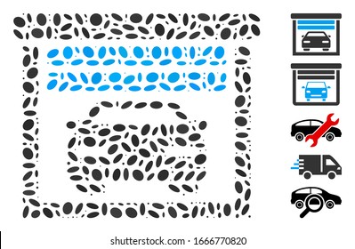 Dot Mosaic based on car garage. Mosaic vector car garage is composed with randomized elliptic elements. Bonus icons are added.