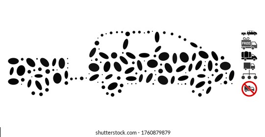 Dot Mosaic based on car trailer. Mosaic vector car trailer is designed with scattered ellipse dots. Bonus icons are added.