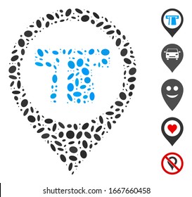 Dot Mosaic auf der Basis von Geldautomaten-Marker. Der Geldautomatenmarker der Vektorillustration aus Mosaik besteht aus verstreuten elliptischen Elementen. Bonussymbole werden hinzugefügt.