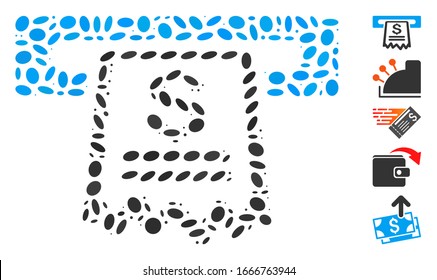 Dot Mosaic based on cashier receipt. Mosaic vector cashier receipt is created with randomized ellipse items. Bonus icons are added.