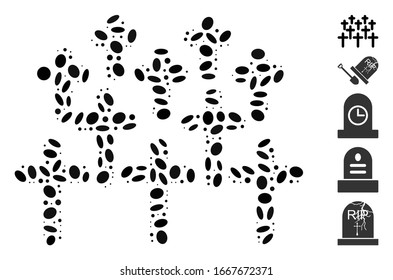 Dot Mosaic based on Cemetery. Mosaic vector Cemetery is composed with scattered elliptic items. Bonus icons are added.