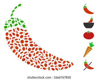 Dot Mosaic based on chili pepper. Mosaic vector chili pepper is designed with randomized elliptic items. Bonus icons are added.