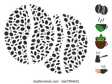 Dot Mosaic based on coffee beans. Mosaic vector coffee beans is created with scattered elliptic elements. Bonus icons are added.