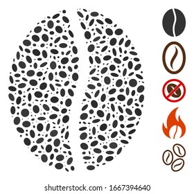 Dot Mosaic based on coffee bean. Mosaic vector coffee bean is formed with scattered elliptic items. Bonus icons are added.