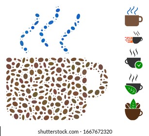 Dot Mosaic based on coffee. Mosaic vector coffee is designed with randomized oval items. Bonus icons are added.