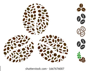 Dot Mosaic based on coffee beans. Mosaic vector coffee beans is formed with random oval items. Bonus icons are added.