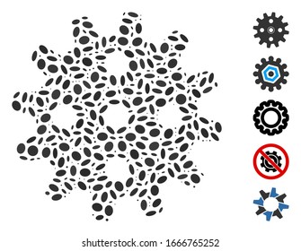 Dot Mosaic based on cogwheel. Mosaic vector cogwheel is formed with randomized ellipse elements. Bonus icons are added.