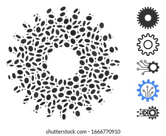Dot Mosaic based on cogwheel. Mosaic vector cogwheel is designed with scattered oval items. Bonus icons are added.