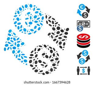 Dot Mosaic based on coins exchange. Mosaic vector coins exchange is created with scattered oval spots. Bonus icons are added.
