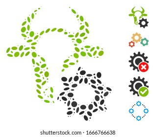 Mosaico de puntos basado en el equipo de opciones de vaca. El equipo de opciones de vaca vectorial mosaico está compuesto por puntos de elipse aleatorios. Se agregan iconos de bonificación.