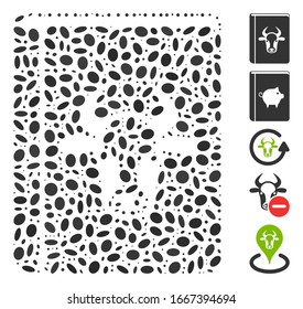 Dot Mosaic based on cow book. Mosaic vector cow book is formed with scattered oval items. Bonus icons are added.