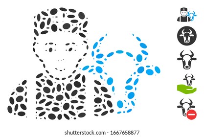 Dot Mosaic based on cow veterinarian. Mosaic vector cow veterinarian is formed with randomized ellipse spots. Bonus icons are added.