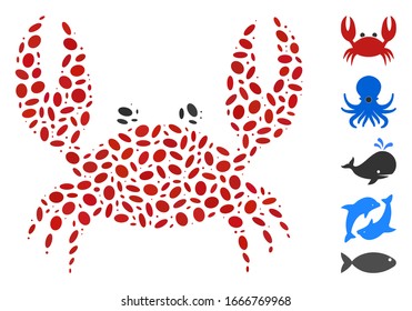Dot Mosaic based on crab. Mosaic vector crab is created with random oval spots. Bonus icons are added.