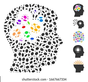 Dot Mosaic based on creative brain. Mosaic vector creative brain is formed with scattered ellipse items. Bonus icons are added.