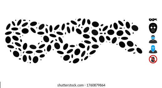 Dot Mosaic based on crime mask. Mosaic vector crime mask is formed with random oval items. Bonus icons are added.