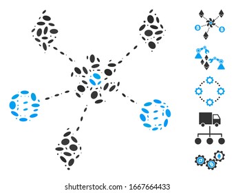 Mosaico de puntos basado en el rotor mezclador criptodivisa. El rotor mezclador criptodivisa vectorial mosaico se compone de elementos elipses aleatorios. Se agregan iconos de bonificación.