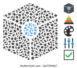 Dot Mosaic based on cube vertex. Mosaic vector cube vertex is designed with randomized elliptic dots. Bonus icons are added.