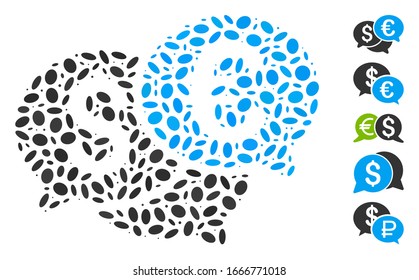 Dot Mosaic based on currency bids. Mosaic vector currency bids is formed with randomized elliptic spots. Bonus icons are added.
