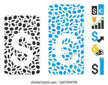 Dot Mosaic based on currency rate bars. Mosaic vector currency rate bars is composed with random ellipse items. Bonus icons are added.