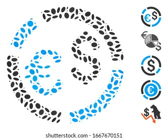 Dot Mosaic based on currency diagram. Mosaic vector currency diagram is composed with random ellipse spots. Bonus icons are added.