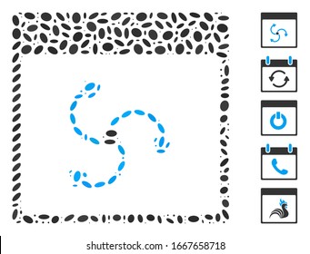 Dot Mosaic based on cyclone calendar page. Mosaic vector cyclone calendar page is created with scattered elliptic dots. Bonus icons are added.