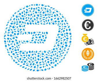 Dot Mosaic based on Dash coin. Mosaic vector Dash coin is composed with randomized ellipse spots.