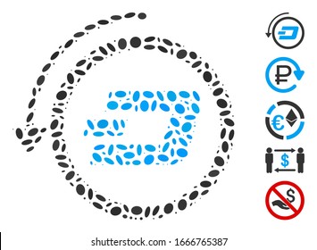 Dot Mosaic based on Dash revert payment. Mosaic vector Dash revert payment is formed with random elliptic items. Bonus icons are added.