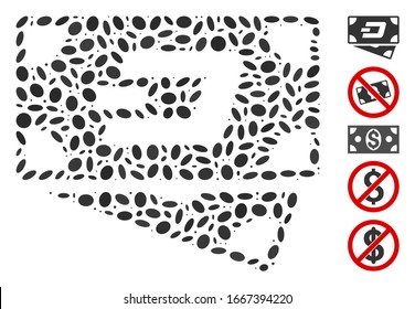 Dot Mosaic based on Dash banknotes. Mosaic vector Dash banknotes is created with scattered elliptic items. Bonus icons are added.