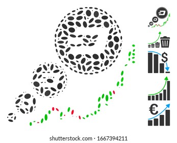 Dot Mosaic based on Dashcoin inflation chart. Mosaic vector Dashcoin inflation chart is composed with random ellipse elements. Bonus icons are added.