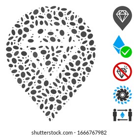 Dot Mosaic based on diamond map marker. Mosaic vector diamond map marker is created with random oval dots. Bonus icons are added.