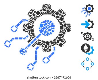 Dot Mosaic based on digital integration gear. Mosaic vector digital integration gear is created with random rectangular spots. Bonus icons are added.