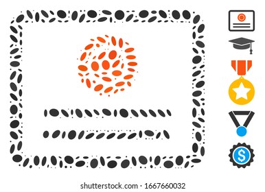 Dot Mosaic based on diploma. Mosaic vector diploma is composed with scattered ellipse dots. Bonus icons are added.