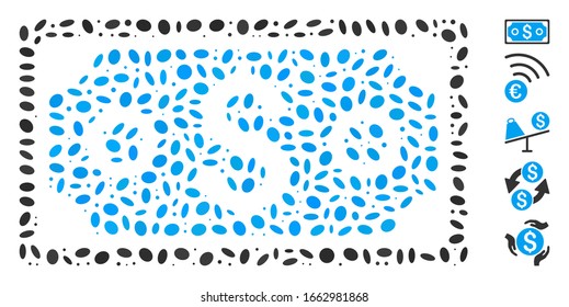 Dot Mosaic based on dollar banknote. Mosaic vector dollar banknote is created with scattered oval elements.