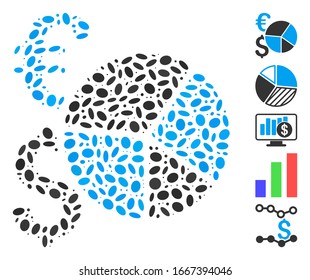 Dot Mosaic based on Dollar and Euro pie chart. Mosaic vector Dollar and Euro pie chart is formed with random elliptic items. Bonus icons are added.