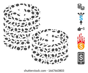 Dot Mosaic based on dollar coin stacks. Mosaic vector dollar coin stacks is composed with randomized oval items. Bonus icons are added.