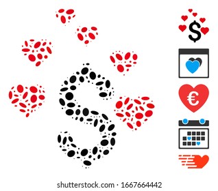 Dot Mosaic based on dollar love hearts. Mosaic vector dollar love hearts is created with randomized ellipse elements. Bonus icons are added.