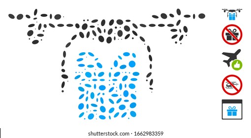 Dot Mosaic based on drone gift delivery. Mosaic vector drone gift delivery is composed with randomized elliptic items.