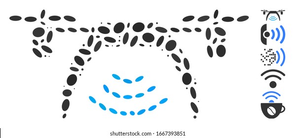 Dot Mosaic based on drone WiFi repeater. Mosaic vector drone WiFi repeater is composed with randomized elliptic items. Bonus icons are added.