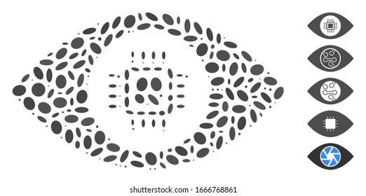 Dot Mosaic basado en lente de visión electrónica. La lente de visión electrónica vectorial mosaico se crea con puntos elípticos aleatorizados. Se agregan iconos de bonificación.
