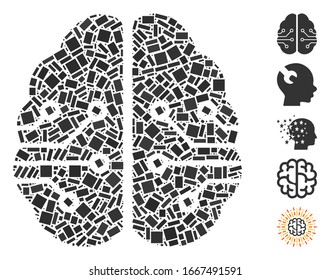 Dot Mosaic based on electronic brain. Mosaic vector electronic brain is composed with randomized rectangle items. Bonus icons are added.