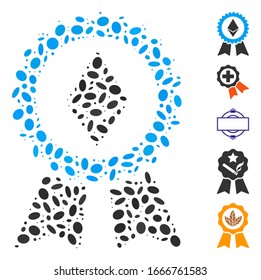 Mosaico de puntos basado en el sello de premio Ethereum. El sello de premio Ethereum vectorial mosaico se compone de elementos de elipse dispersos. Se agregan iconos de bonificación.