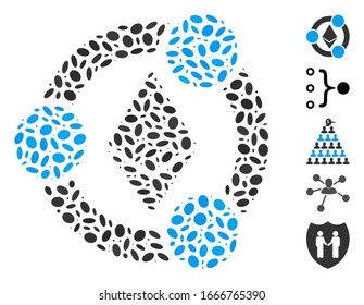 Dot Mosaic based on Ethereum collaboration. Mosaic vector Ethereum collaboration is designed with random elliptic items. Bonus icons are added.